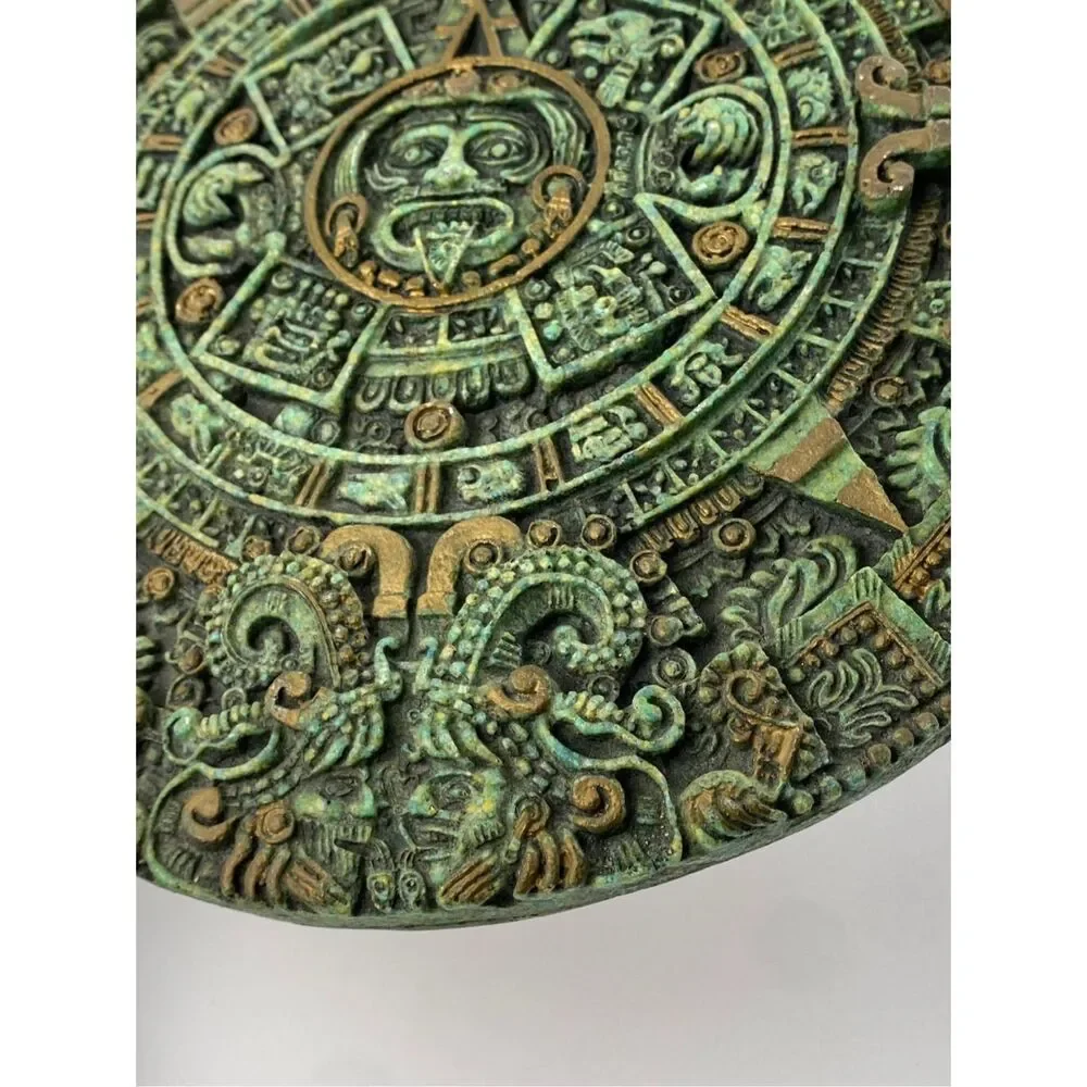 Vintage Large Engraved Mayan Aztec Calendar Sun Malachite Stone Wall Panel 11.5
